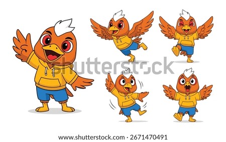 A collection of six bird-like characters with white hair, dressed in orange hoodies. The set shows the cool characters in various action poses, including flying and celebrating. Vector Illustration