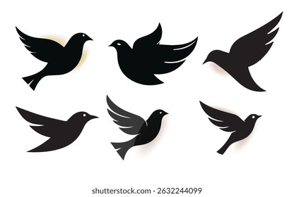 Collection of Six Black Bird Silhouettes in Different Poses on a White Background for Graphic Design and Artistic Projects and Creative Content