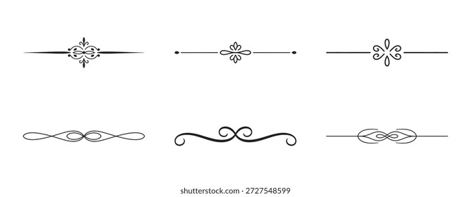 Colección de seis divisores de pergamino caligráfico negro y adornos de línea simples para diseños elegantes.