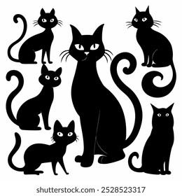 Uma coleção de seis silhuetas de gato preto, cada uma com uma pose e expressão únicas. Perfeito para adicionar um toque de charme felino aos seus projetos, este conjunto é ideal para projetos de Halloween.