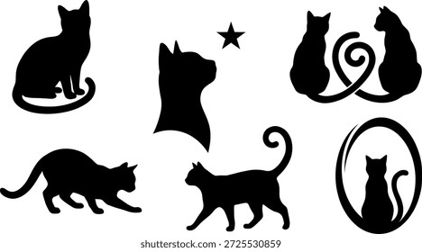 Coleção de seis silhuetas de gato preto com estrela