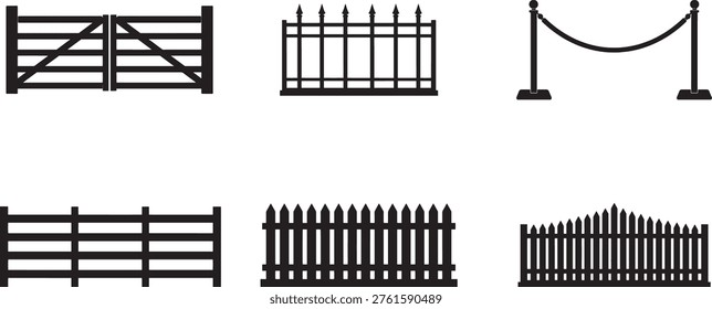 Collection of Six Black Fence and Gate Silhouette Icons – Wooden Farm Gate, Iron Spear Railing, Rope Stanchion Barrier, Horizontal Rail Fence, and Picket Fence Styles