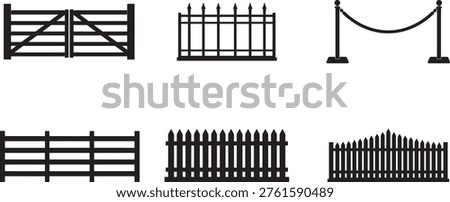 Collection of Six Black Fence and Gate Silhouette Icons – Wooden Farm Gate, Iron Spear Railing, Rope Stanchion Barrier, Horizontal Rail Fence, and Picket Fence Styles