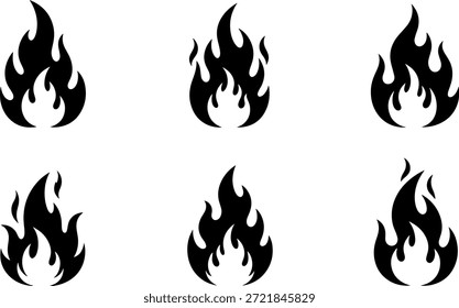 Eine Kollektion von sechs Silhouetten mit schwarzer Flamme im Vektorformat, ideal für Designprojekte