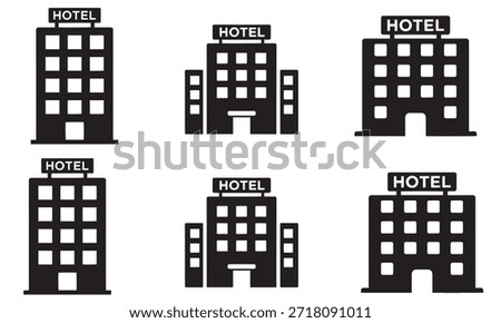 A collection of six black flat design hotel icons for travel and accommodation purposes