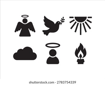 A collection of six black icons representing religious and spiritual concepts like an angel, dove, sun, cloud, person with halo, and candle.