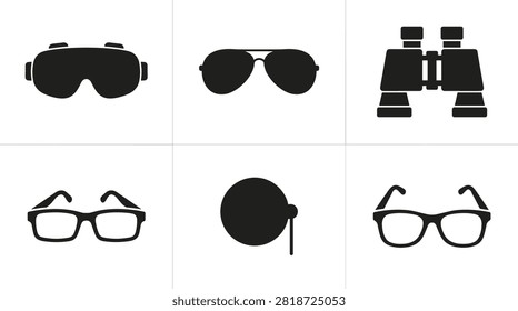 Collection of six black icons representing different types of eyewear and vision aids