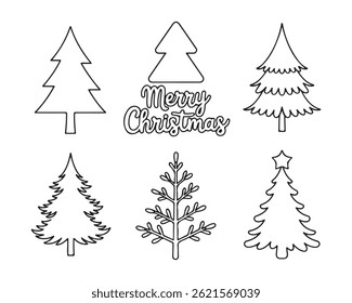 A collection of six black line art Christmas trees and the words "Merry Christmas." Ideal for holiday-themed designs, crafting projects, or printable coloring pages.