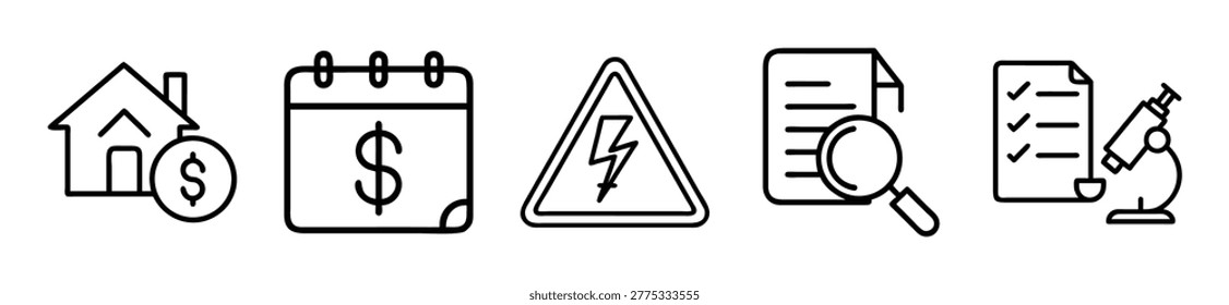 A collection of six black line icons on white background representing business and science concepts including a house with coin, calendar with dollar sign, warning triangle with lightning bolt, docume