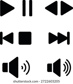 Eine Sammlung von sechs Symbolen für den schwarzen Media Player, die in drei Reihen auf weißem Hintergrund angeordnet sind. Zu den Symbolen gehören Wiedergabe, Pause, Zurückspulen, Schnellvorlauf, vorheriger Titel und Lautstärke.