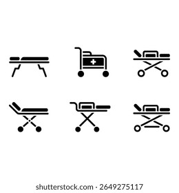 Collection of Six Black Medical Stretcher Icons Hospital Emergency Healthcare Flat Design Simple Style
