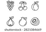 A collection of six black outline icons featuring grapes, cherries, peach, fig, pomegranate, and kiwi fruit on a white background for food apps.