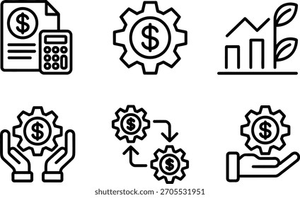A collection of six black outline vector icons representing financial concepts like accounting, monetary mechanism, growth chart, support, process flow, and service, all presented cleanly on a white b