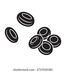 a collection of six black rubber gaskets, possibly made of rubber or similar material, scattered on a plain white surface, with varying orientations and positions