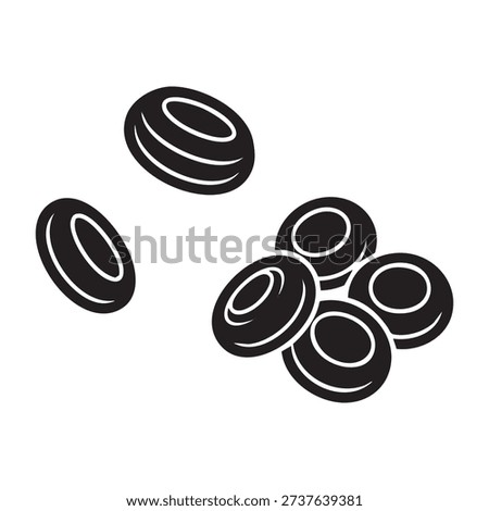 a collection of six black rubber gaskets, possibly made of rubber or similar material, scattered on a plain white surface, with varying orientations and positions