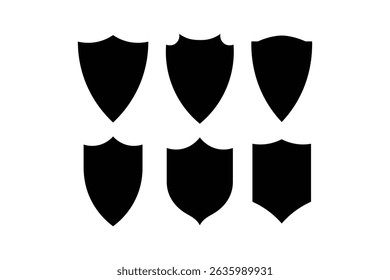 Collection of six black shield silhouettes isolated on white background for graphic design elements