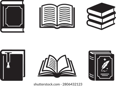 A collection of six black silhouette book icons depicting various book styles – closed, open, stacked, with bookmark, and ornate covers – ideal for educational resources and literary themes.