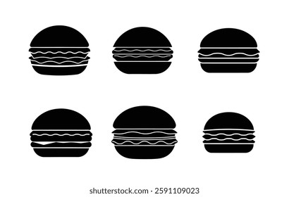  A collection of six black silhouette hamburger icons on a white background.