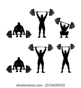  collection of six black silhouette illustrations showcasing various weightlifting poses with a barbell, including deadlifts, overhead presses, and squats. Perfect for fitness-related designs, gym pos