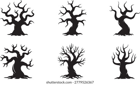 Collection of six black silhouette illustrations featuring twisted dead trees with bare branches perfect for spooky seasonal design projects