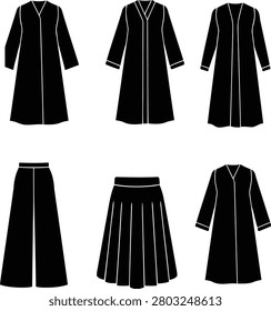 Collection of six black silhouette illustrations of modest clothing items including abayas, skirts, and robes with white outlines on a white background