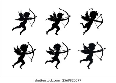 A collection of six black silhouette images of Cupids, each holding a bow and arrow.