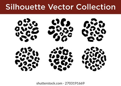 A collection of six black silhouette vector graphics depicting leopard print patterns.