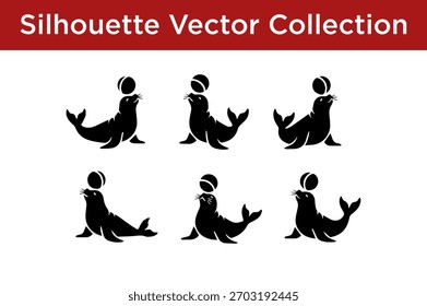 Una colección de seis Ilustraciones vectoriales de silueta negra de focas balanceando bolas en sus narices.