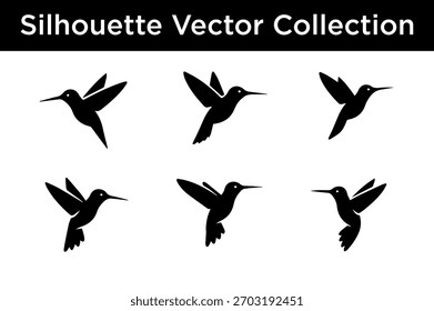Uma coleção de seis ilustrações em vetor de silhueta preta de beija-flores em várias poses de voo sobre um fundo branco.