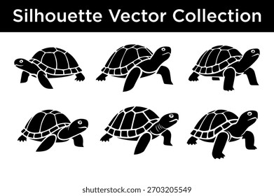 A collection of six black silhouette vector illustrations of tortoises on a white background.