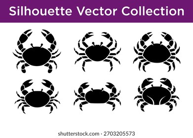 Una colección de seis Ilustraciones vectoriales de silueta negra de cangrejos sobre un fondo blanco.