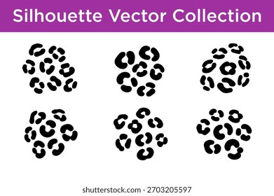 Una colección de seis Vectores de silueta negros que representan manchas de impresión de leopardo sobre un fondo blanco.