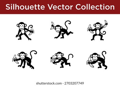 A collection of six black silhouette vector illustrations of monkeys, each holding a banana in various playful poses.