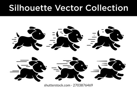 Colección de seis Ilustraciones vectoriales de silueta negra de perros corriendo con líneas de movimiento.