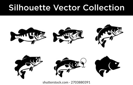 Uma coleção de seis ilustrações de vetor de silhueta preta de peixe baixo em várias poses dinâmicas, adequadas para temas de pesca.