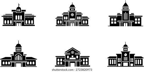 A collection of six black silhouette vector illustrations of various university buildings and educational institutions, design elements