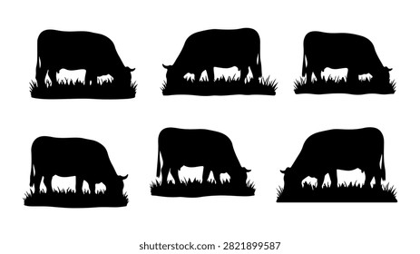 Collection of six black silhouettes of bison in different stances on a plain background.