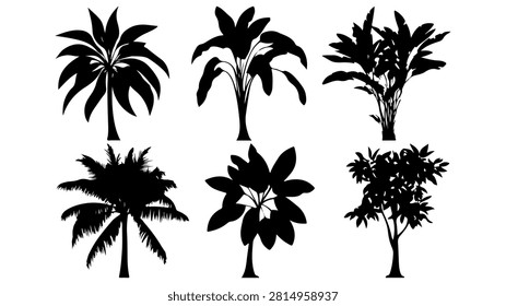 Collection of six black silhouettes of different tropical palm trees, showcasing diverse leaf shapes and trunk structures against a plain background.