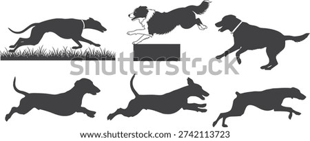 A collection of six black silhouettes of different dog breeds in various active poses. The images depict dogs running, leaping over obstacles, and in full stride, highlighting their speed and agility. This set includes a greyhound running over grass, a border collie jumping over a barrier, and other dogs captured in dynamic movement.