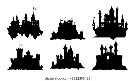 Collection of six black silhouettes of elaborate fantasy castles featuring towers, spires, and battlements, set against a plain background.