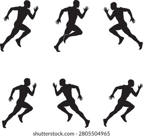 Collection of six black silhouettes of a man running in different positions, ideal for illustrating speed and motion