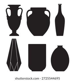 Coleção De Seis Silhuetas Pretas De Vários Vasos E Potes No Recipiente Branco Do Recipiente