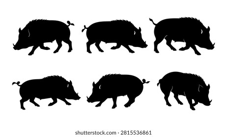 Collection of six black silhouettes of wild boars in various stances on a plain background.