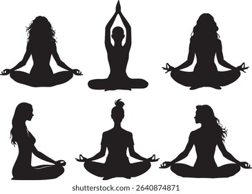 Collection of six black silhouettes of women meditating in various lotus yoga poses. Each figure is shown in a calm seated posture, symbolizing peace, mindfulness, and inner balance.