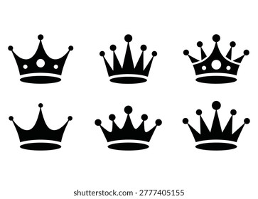 Collection of six black simple royal crown icons isolated on transparent background for graphic design