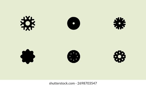 Una colección de seis copos de nieve negros y patrones geométricos circulares dispuestos en una cuadrícula sobre un fondo beige claro.