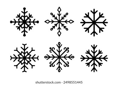Collection of Six Black Snowflake Icons, Winter Vector Set for Holiday Design and Decorations