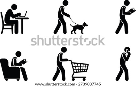 A collection of six black stick figures illustrates everyday actions such as computer work, dog walking, reading, shopping, and phone conversations.