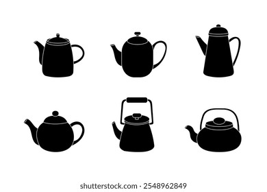 Collection of six black teapot silhouettes in various designs