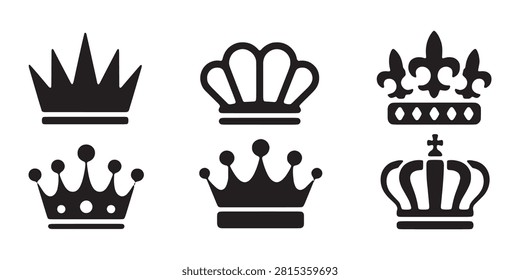 Collection of six black vector crown silhouettes including fleur de lis imperial style and modern sharp tiaras.